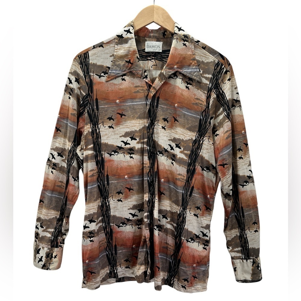 Damon 70s Knit Wide Spread Collar Disco Rave Retro Vintage Button Down Shirt